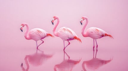 Obraz premium Three Elegant Pink Flamingos in Dreamy Soft Pink Background