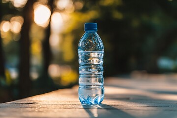 A photo of an empty water bottle on the table, with a blurred background of a park and sunlight 1