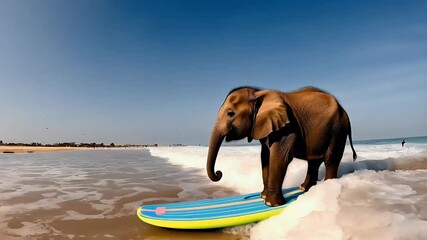 Surfing elephant enjoys a sunny day at the beach