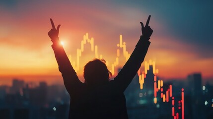 Business victory concept with a graph trending upward and a person making a victory sign.