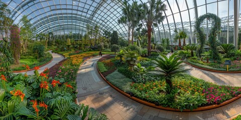 A vibrant indoor garden featuring diverse plants and flowers under a glass dome.