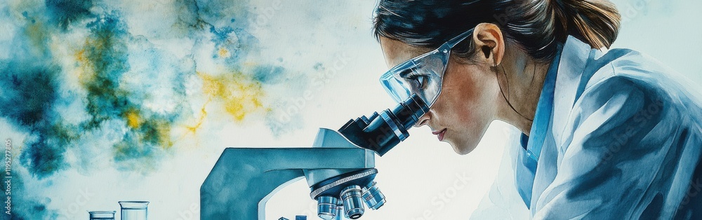 Aufkleber portrait of a dedicated scientist observing samples under a microscope in a vibrant watercolor envir