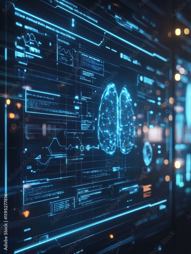 Poster Diagnostic medical data displayed on a futuristic screen showing brain analysis and various biometric indicators. Generative AI