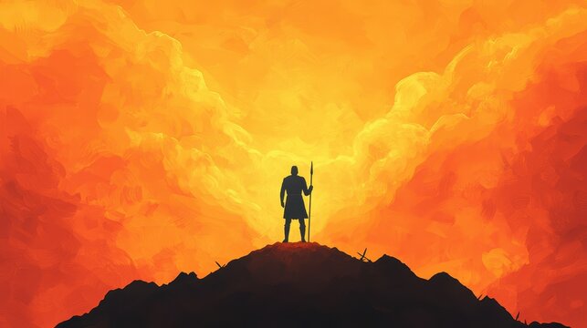 Undefeated Concept, Heroic Lone Warrior Standing on Battlefield Under Fiery Orange Sky at Dusk