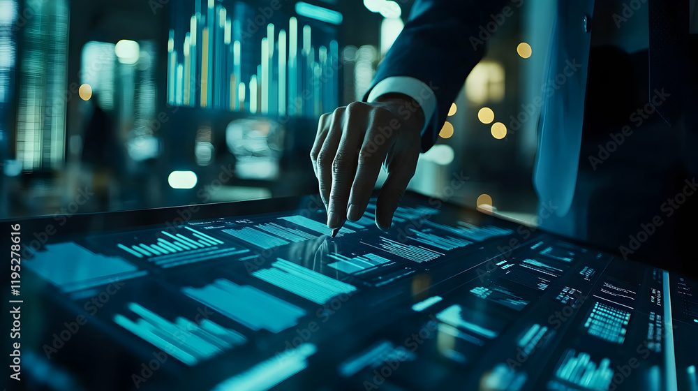 Poster businessperson analyzing data on a large touchscreen device, showcasing financial charts and graphs 