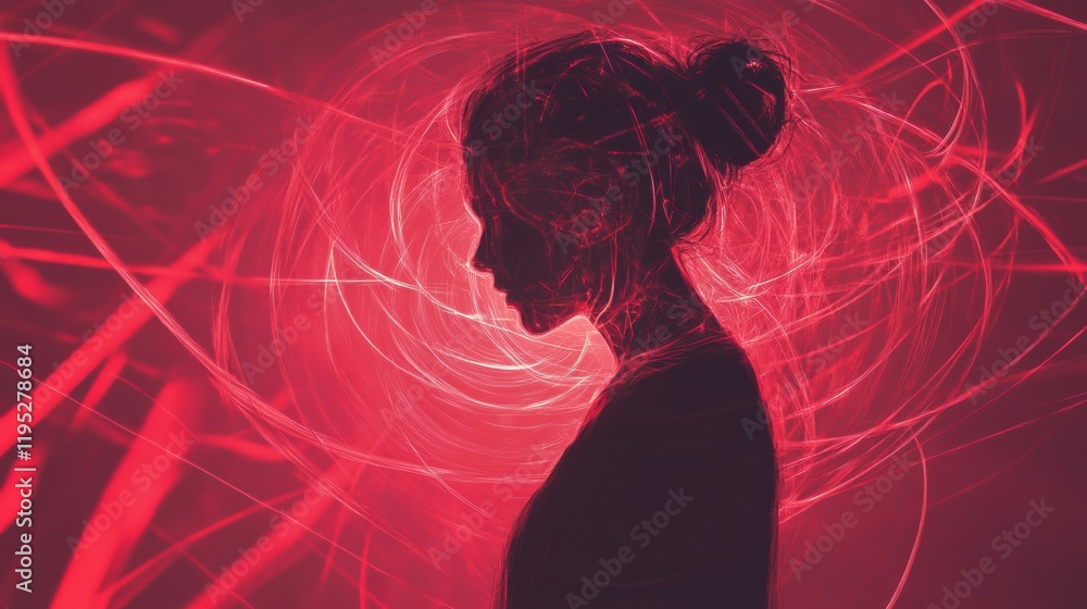 Fototapete person surrounded by swirling lines and abstract shapes in vibrant red hues during a creative artist