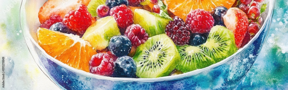 Aufkleber fresh fruit bowl featuring an array of colorful berries, citrus, and kiwi against a watercolor backg