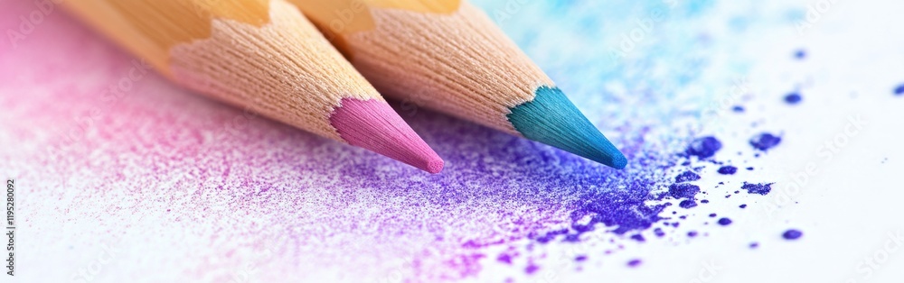 Poster soft pencil strokes create a colorful composition with vibrant pink and blue hues blending into a dr