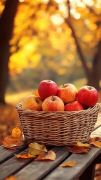 Woven basket with apples outdoors.