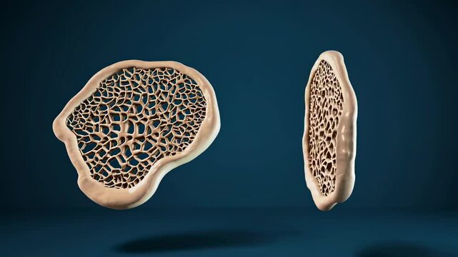 Medical animation showing the complex porous structure of cancellous bone tissue, highlighting its interconnected network and providing insights into bone health and function