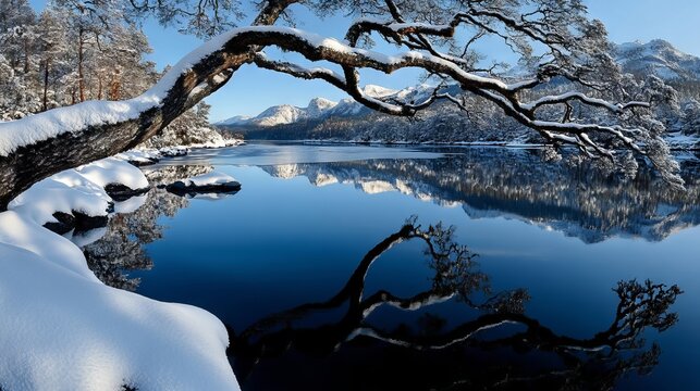 A tree that is sitting in the snow by a lake