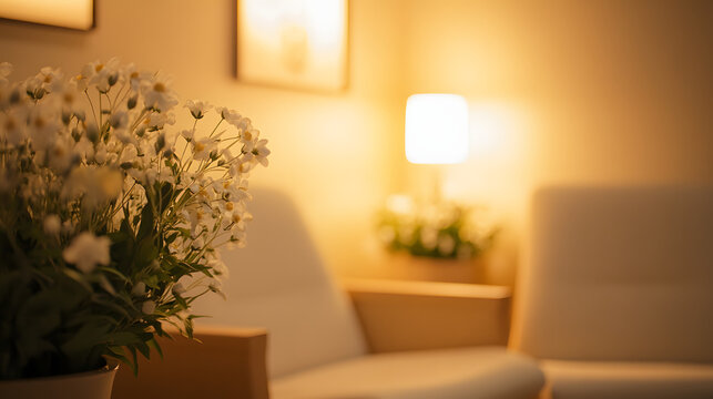 A serene hospital bereavement suite with soft seating flowers and dim lighting offering comfort to grieving families.