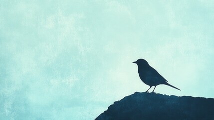 Fototapeta premium Minimalist silhouette of a single bird perched on a rocky outcrop against a serene pastel sky
