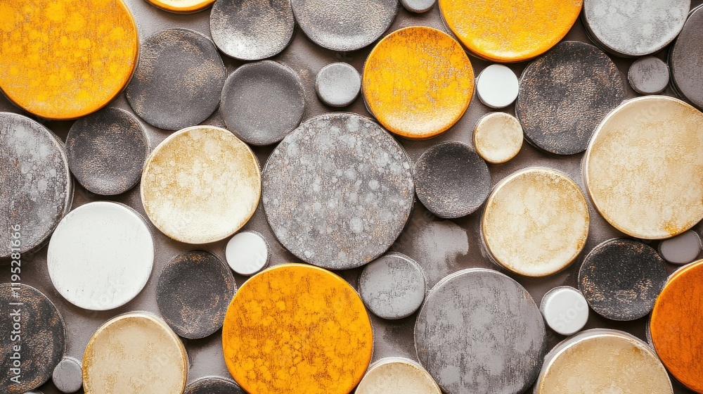Poster Minimalist arrangement of amber and gray circles creating a modern decorative pattern suitable for artistic spaces