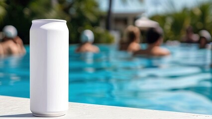 A refreshing beverage can stands by a serene poolside with people enjoying a sunny day