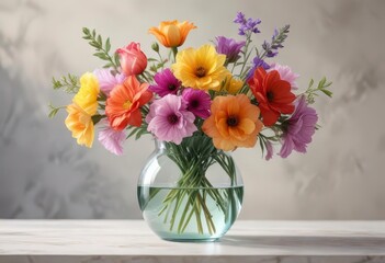 Colorful watercolor blooms in a delicate glass vase ,  floral arrangement,  home decor,  flower arrangements