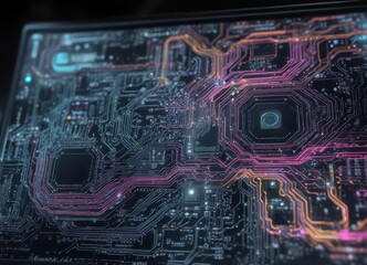 Fototapeta premium Computer screen with vibrant, swirling patterns of code and circuitry, digital art, laptop, graphics
