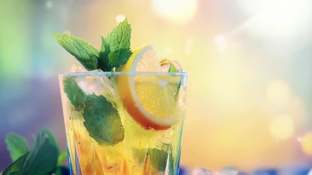 mojito cocktail in the glass with mint leaf, lemon slice and ice cubes on the table background with copy space