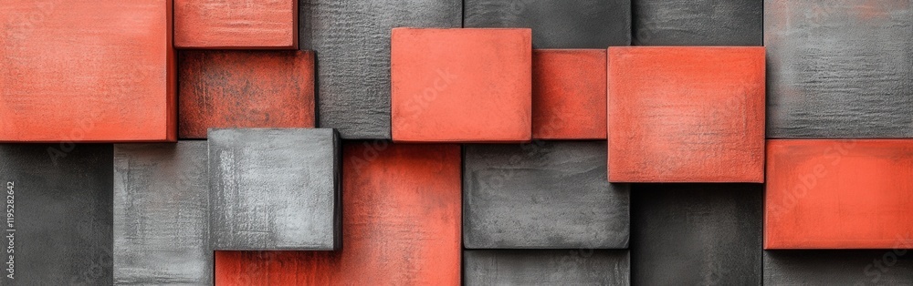 Poster elegant coral and gray squares arranged freely create a striking modern art display
