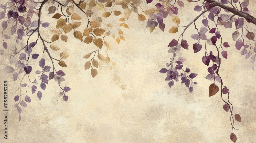 Poster cascading branches with muted gold and purple leaves against a soft background in autumn light