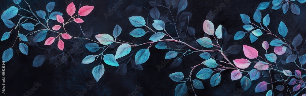 Poster branches adorned with iridescent leaves showcasing vibrant colors in a serene natural setting