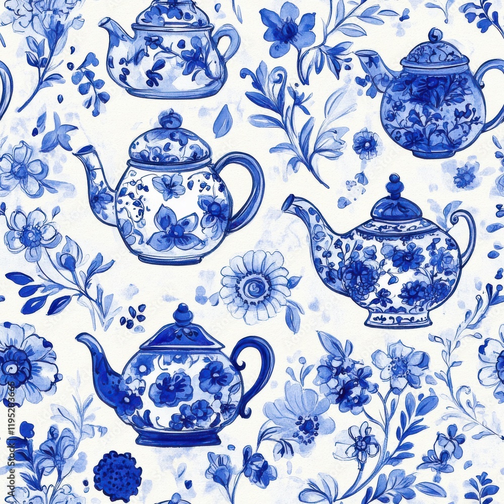 Poster intricate doodle of floral teapots with blue and white patterns showcasing a whimsical design in a v