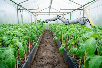 Robotic arm tending to tomato plants in a greenhouse during the afternoon