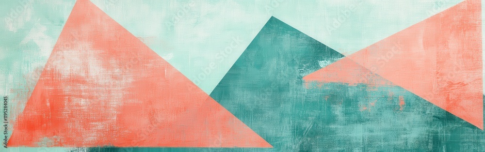 Poster abstract composition of mint and coral triangles with pencil strokes creating a serene visual experi