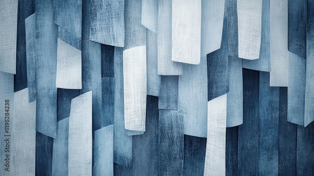 Poster abstract pencil strokes create dynamic grid fragments in blue and white hues conveying depth and mov