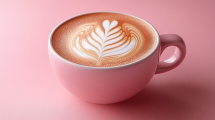 Elegant pink cup of latte art with intricate leaf design on creamy surface, set against soft pink background, perfect for coffee and dessert themes in lifestyle imagery.
