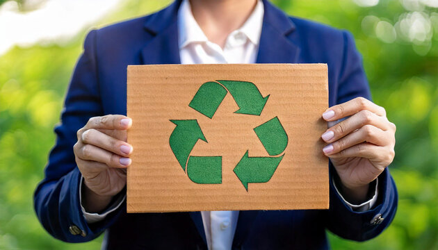 female businesswoman holds a paper sign with the Recycle symbol. Recycling concept. Use of green technology. Investing in green businesses Nice green organization, clean community