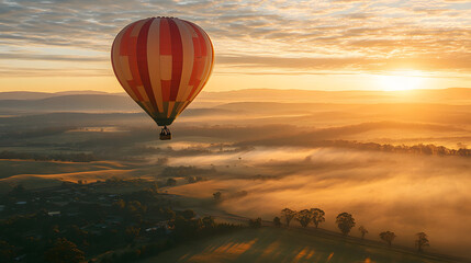 Obraz premium A serene sunrise viewed from a hot air balloon with rolling hills and scattered fog below.