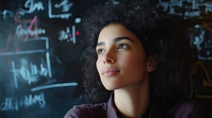 Young Woman Contemplating Complex Equations On Blackboard
