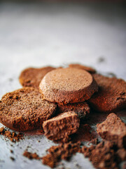Close-up of coffee grounds from espresso machine. coffee ground on gray background