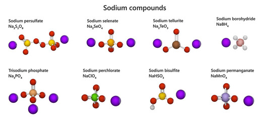 Set of various Sodium compounds: persulfate, selenate, tellurite, borohydride, phosphate, perchlorate, bisulfite, permanganate. Isolated on white background. 3d illustration.