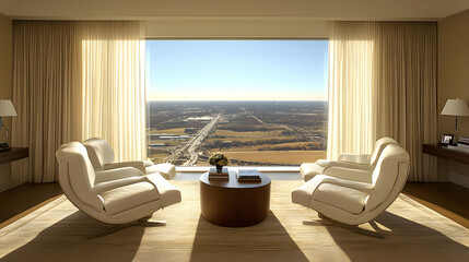 Luxurious living room with panoramic city view, featuring two comfortable armchairs and a coffee table, bathed in natural sunlight streaming through floor-to-ceiling windows and sheer curtains.
