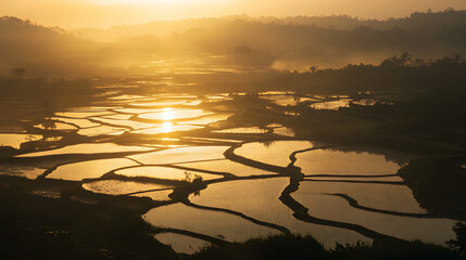 A serene sunrise viewed from a rice paddy with the golden light reflecting off the water-filled terraces.