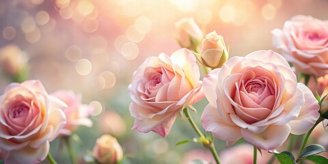 Soft focus light pink roses in a gentle bloom on a blurred floral background, with subtle warmth and pastel hues
