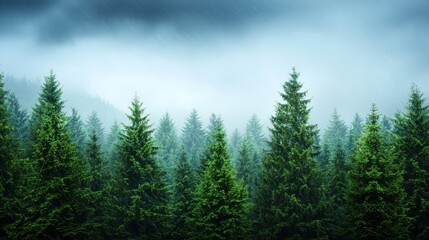 Lush evergreen forest under a moody, rainy sky.