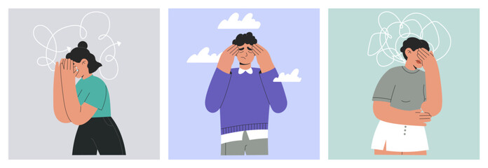 Frustrated, unhappy people set. Tangled thoughts, mental disorders and OCD concept. Depressed young characters suffering from ADHD, anxiety, headache. Flat vector illustrations isolated background