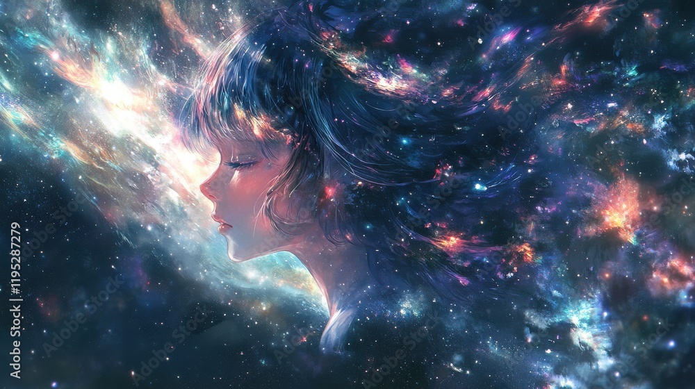 Poster vibrant visualization of a woman's face with cosmic elements reflecting beauty and depth in a surrea