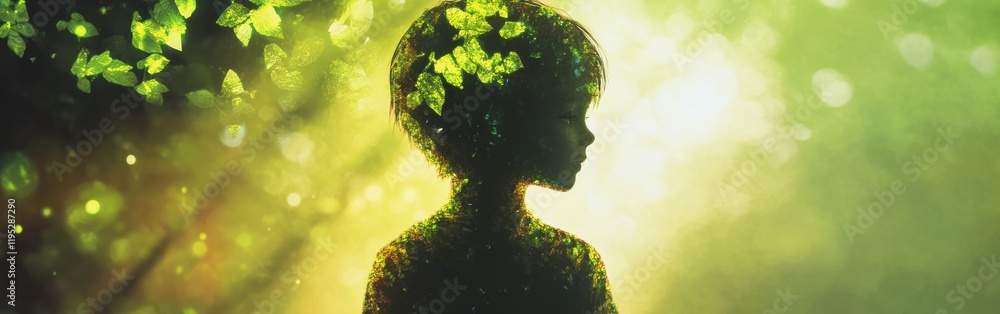 Poster vibrant visualization of a child glowing amidst a forest setting filled with light and nature