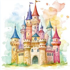 Fototapeta premium Colorful fairy tale castle illustration with vibrant turrets and whimsical architecture