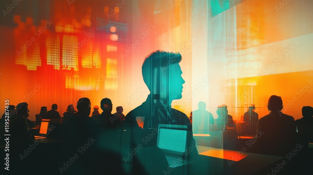 Poster vibrant seminar setting with glowing visuals and engaged participants creating an inspiring atmosphe