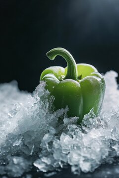 Frozen green pepper nestled in ice.