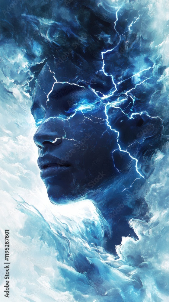 Poster vibrant artistic representation of a face merged with electric storm elements in a surreal compositi