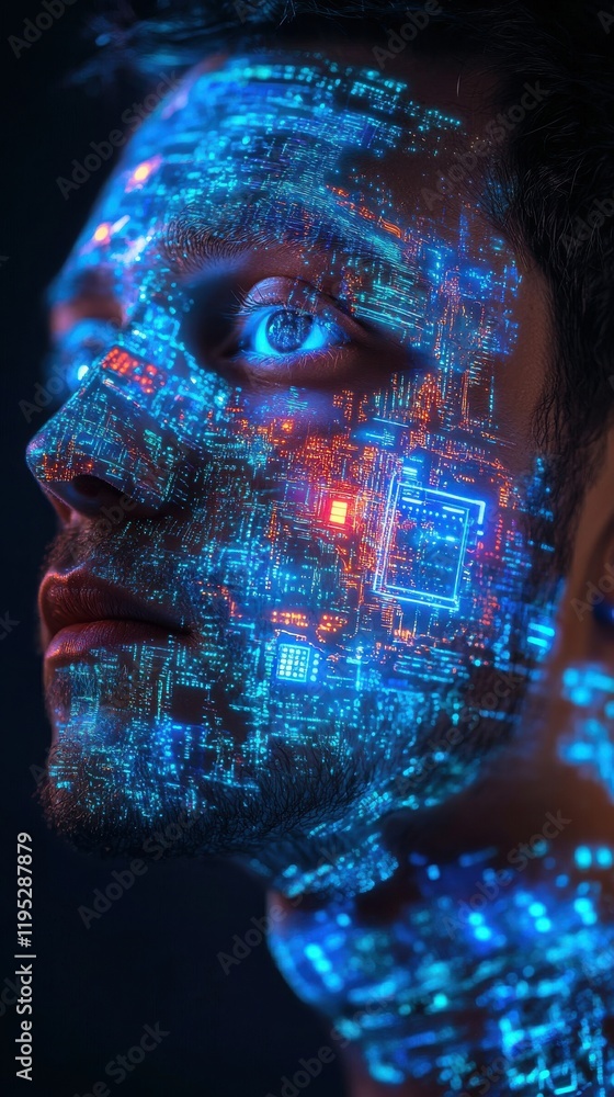 Poster vibrant portrait of a man's face illuminated with colorful circuit patterns in a dark setting