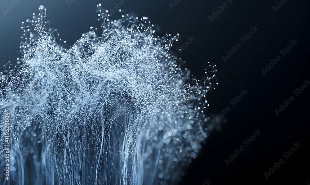 Poster abstract digital art depicting a network of interconnected nodes and lines, resembling a futuristic 