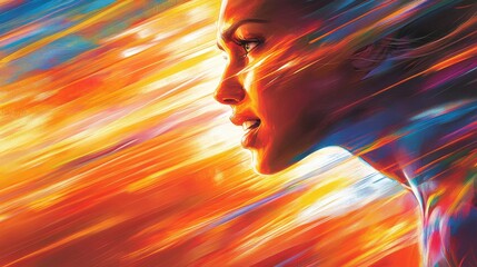 Vibrant depiction of a runner's face illuminated by dynamic colors in an energetic setting
