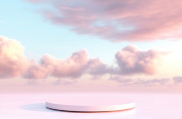 Pastel Dreamscape Podium: A minimalist, circular podium bathed in soft, ethereal light against a backdrop of dreamy pink and blue clouds. Perfect for showcasing beauty products, jewelry.